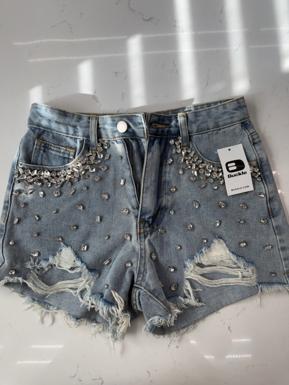 Buckle Light Blue Crystal-Studded Distressed Denim Shorts